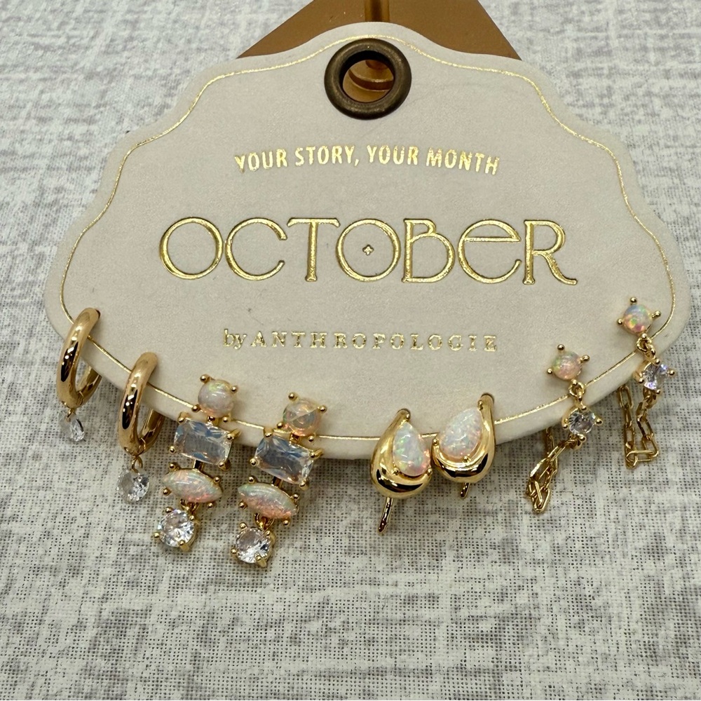 NWT Anthropologie "October" 14K Gold-Plated Earring Set (Opal Birthstone) - Picture 3 of 5